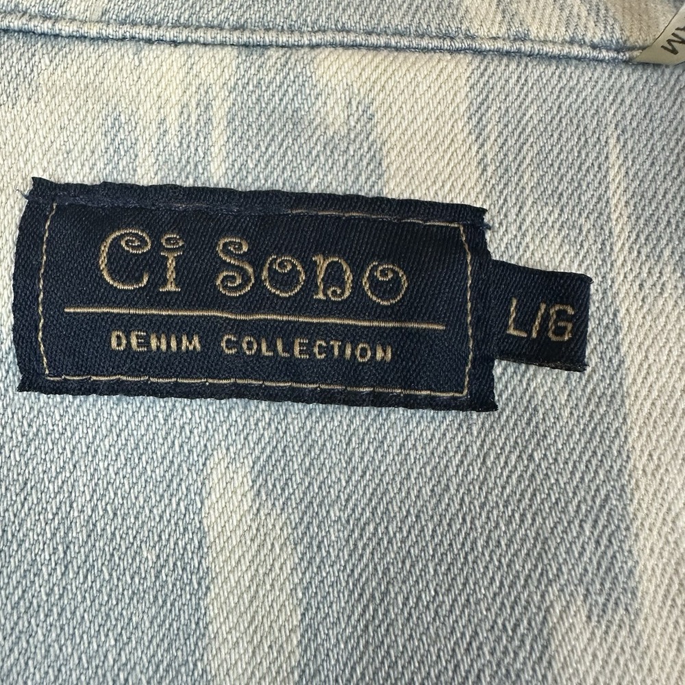Ci Sono Denim Jacket Women's L Blue Off White Long Sleeve Ikat Print - Picture 2 of 8